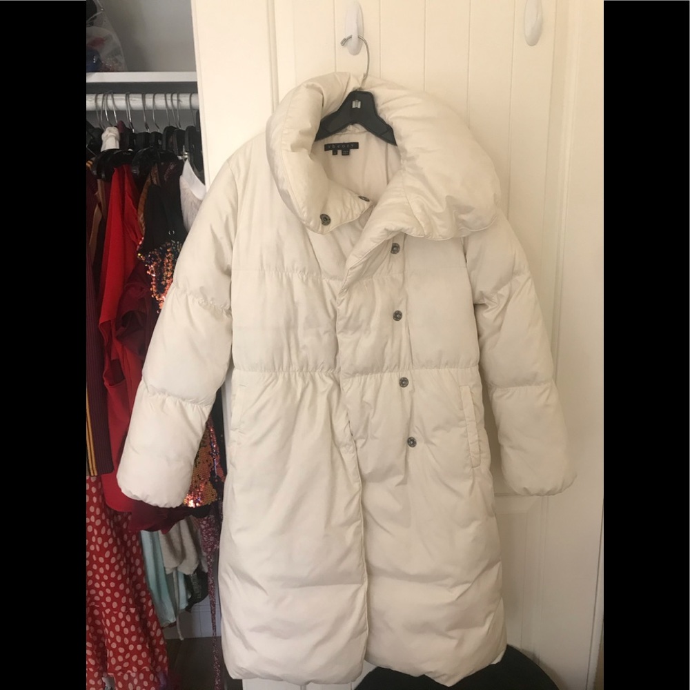 theory long puffer coat, small, off white color